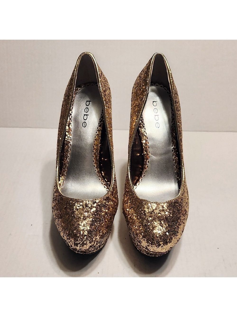 Bebe Gold Glitter Platform Stiletto Heel Pumps Size 8 - Picture 5 of 11